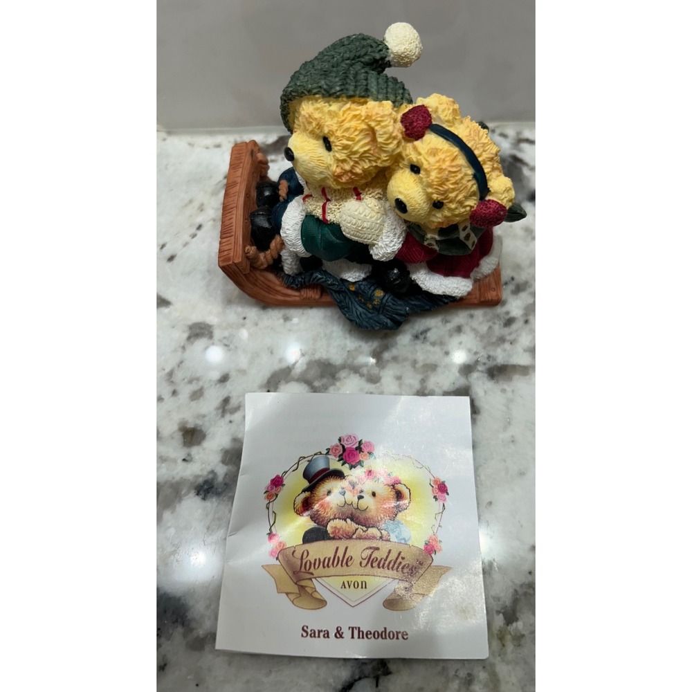 Avon Lovable Teddies Sarah Meets‎ Theodore Sledding Christmas Figurine